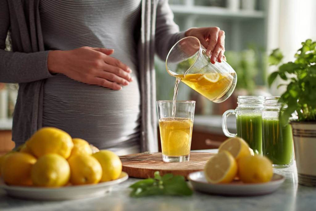 Mujer embarazada vertiendo limonada en un vaso, junto a limones y jugo verde en la mesa