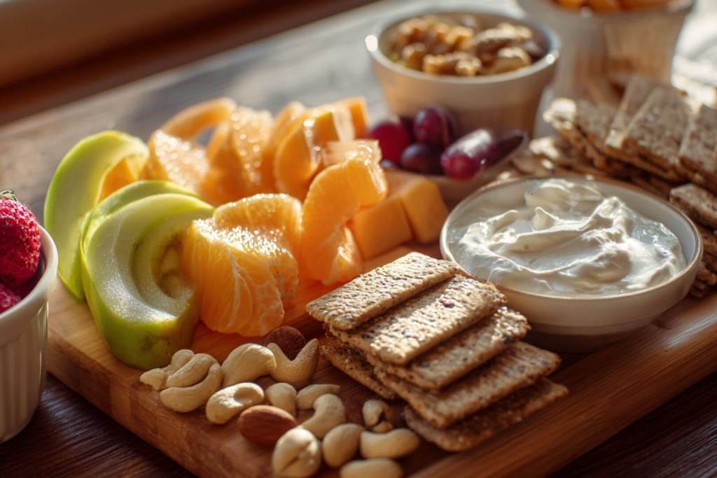 Bandeja con rodajas de manzana, naranja, uvas, frutos secos, galletas integrales y yogur natural.
