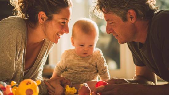 Madre y padre juegan con su bebé en el suelo con juguetes de colores, estimulando su aprendizaje temprano en un ambiente familiar cálido.