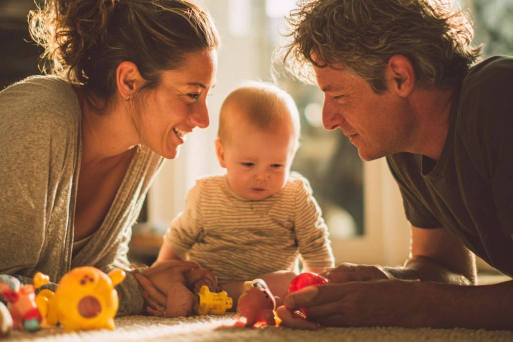Madre y padre juegan con su bebé en el suelo con juguetes de colores, estimulando su aprendizaje temprano en un ambiente familiar cálido.