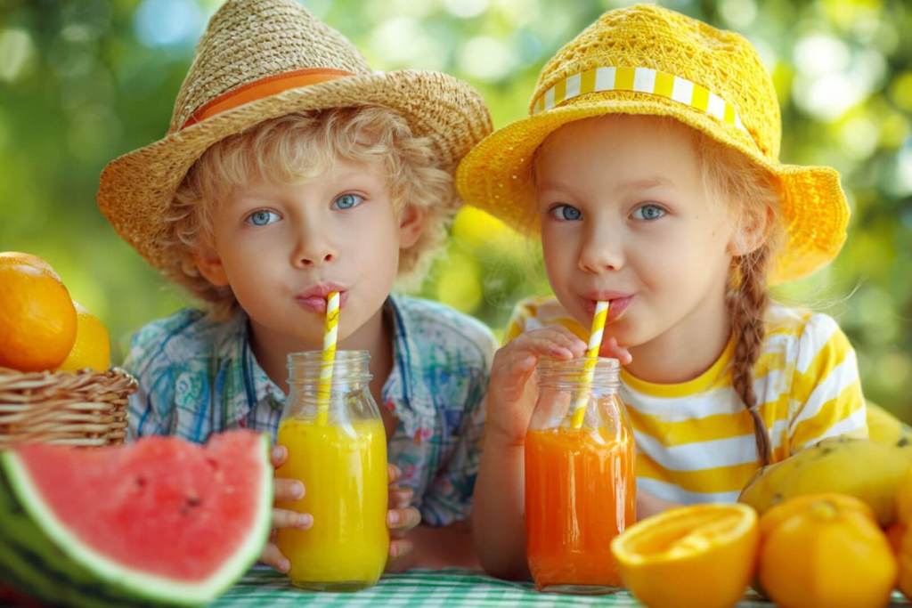 Niños con sombreros de verano bebiendo zumos naturales de frutas en frascos de vidrio, junto a sandía, naranjas y mango.