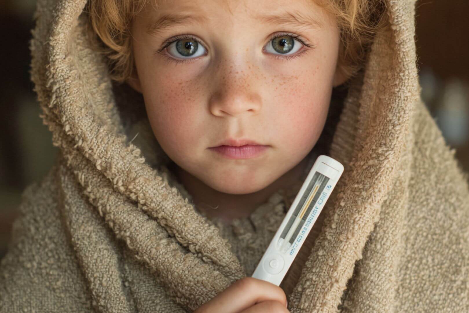 Niño pequeño con aspecto febril, envuelto en una toalla y sosteniendo un termómetro, símbolo de infecciones infantiles y cuidados en el hogar.