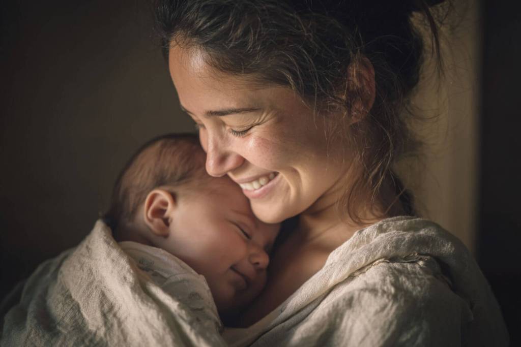 Madre sonriendo mientras su bebé duerme acurrucado en su pecho.