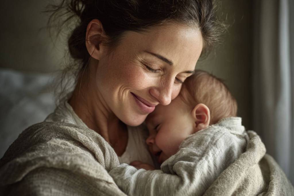 Madre disfrutando de un momento de paz abrazando a su bebé dormido.