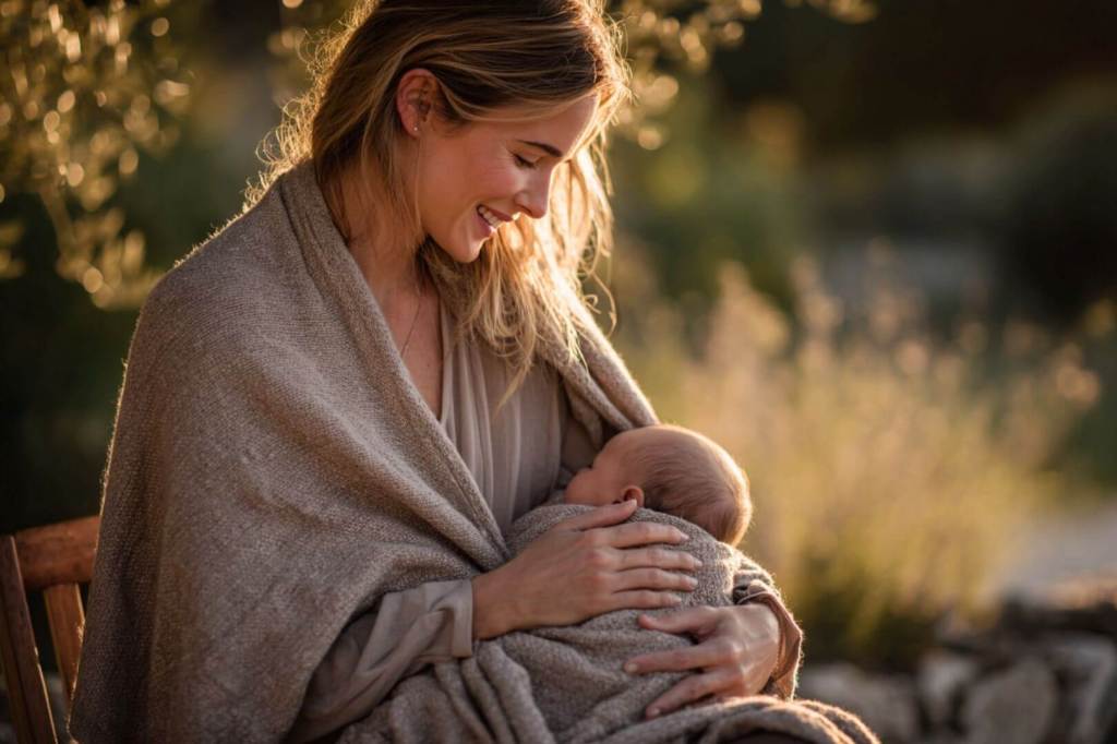 Madre abrazando a su bebé en un campo al atardecer, envueltos en una manta.