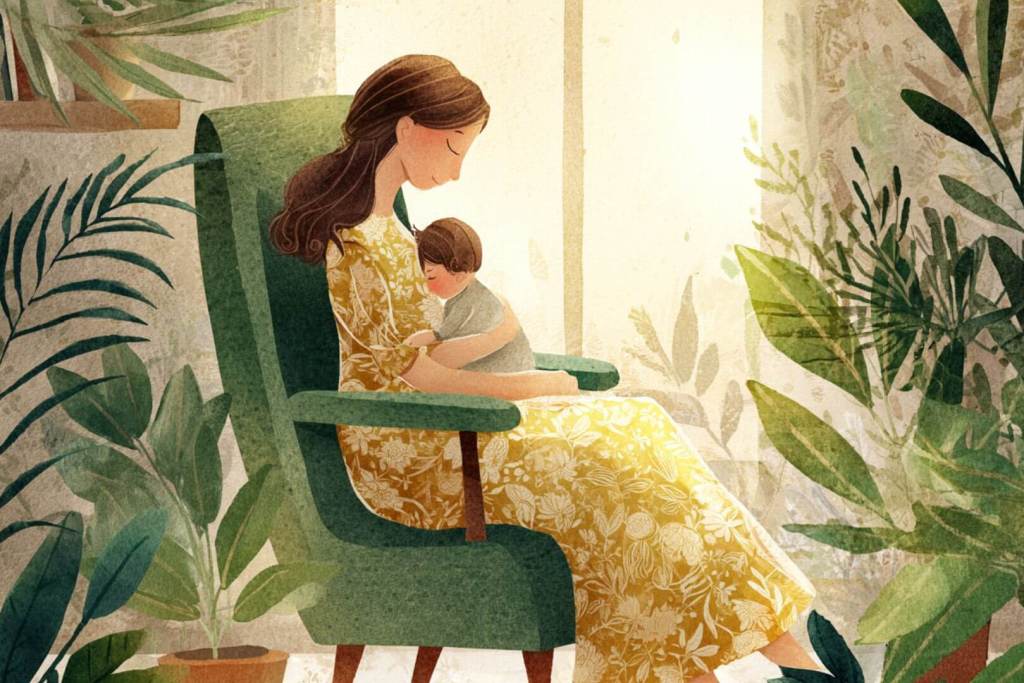 Ilustración en acuarela de madre amamantando a su bebé en un sillón junto a la ventana.