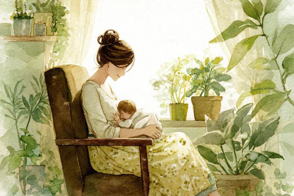 Ilustración en acuarela de madre amamantando a su bebé junto a una ventana y plantas.