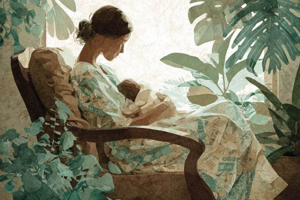 Ilustración digital de madre abrazando a su bebé en una silla, rodeada de plantas.