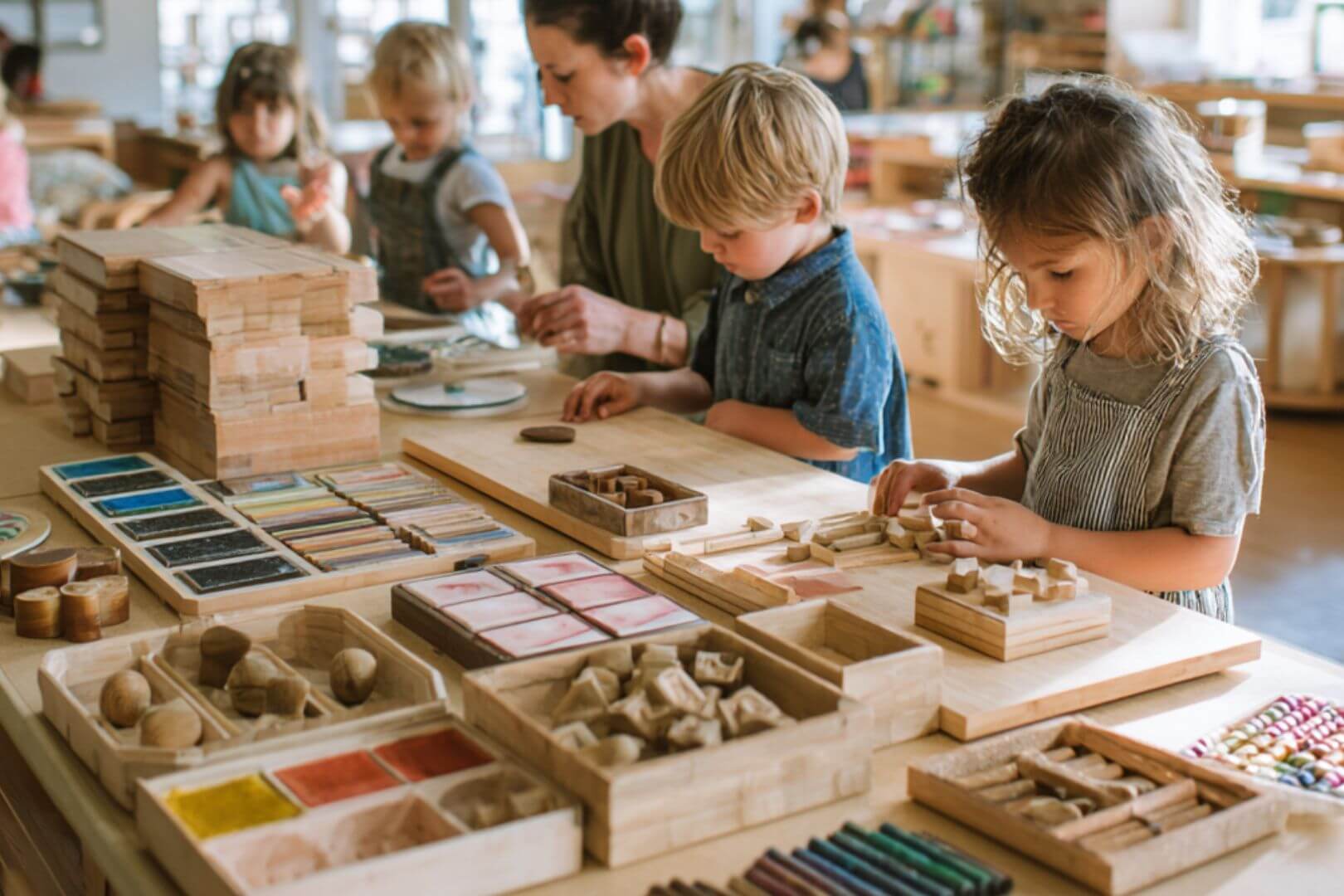 Grupo de niños en un aula luminosa manipulando bloques, ceras y materiales Montessori junto a una maestra que los acompaña en su exploración.