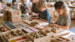 Grupo de niños en un aula luminosa manipulando bloques, ceras y materiales Montessori junto a una maestra que los acompaña en su exploración.