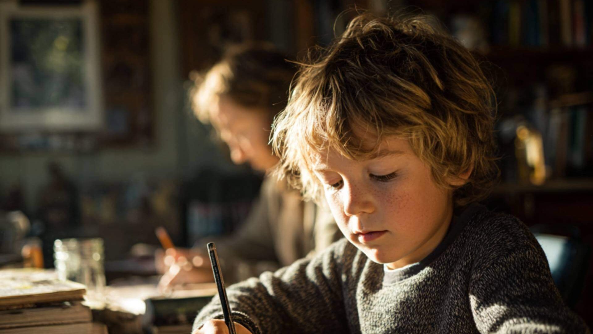 Niño rubio escribe en un cuaderno con lápiz mientras estudia en casa, rodeado de libros y materiales escolares, simbolizando atención y motivación.