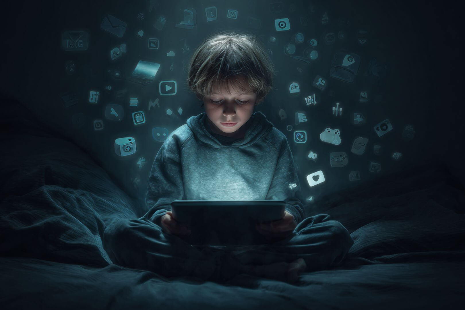 Ilustración de un niño concentrado en una tablet, rodeado de iconos flotantes de aplicaciones, en una habitación oscura.