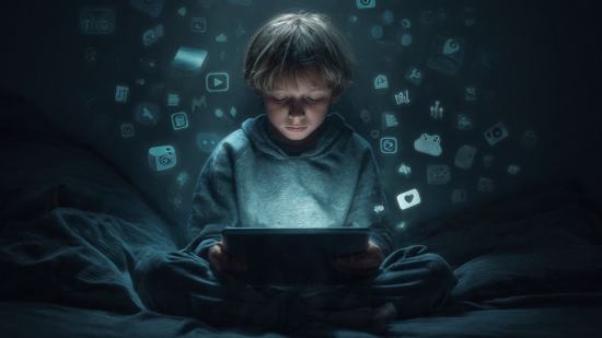 Ilustración de un niño concentrado en una tablet, rodeado de iconos flotantes de aplicaciones, en una habitación oscura.