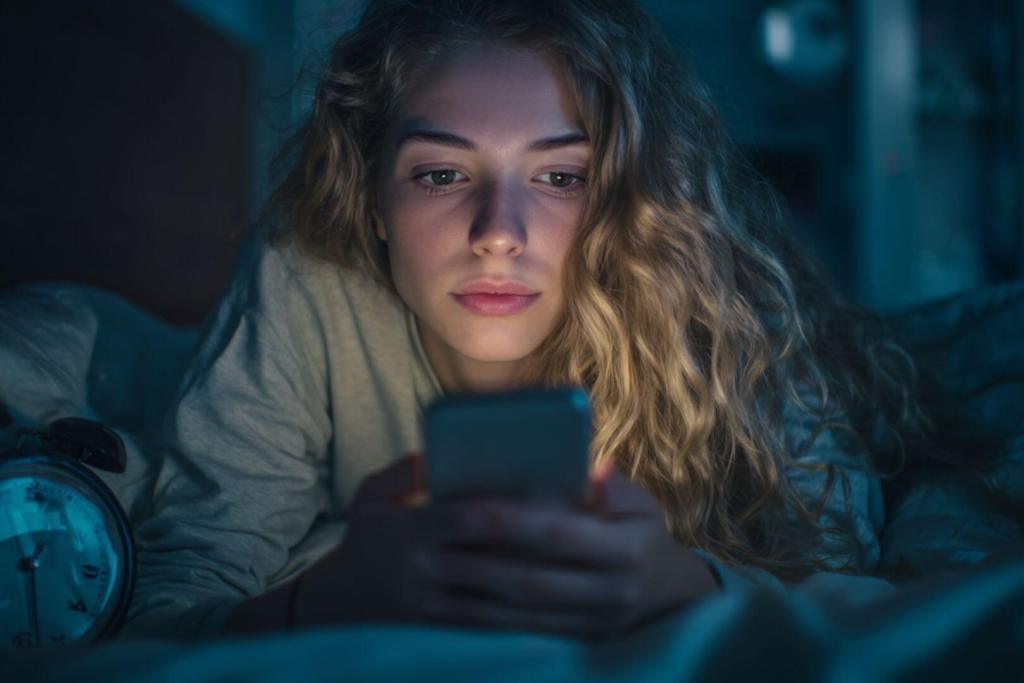 Adolescente tumbada en la cama mirando el móvil con luz azul en el rostro, ambiente oscuro y expresión seria.
