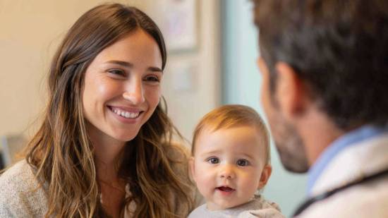 Madre sonriente sostiene a su bebé mientras habla con el pediatra en una consulta médica.