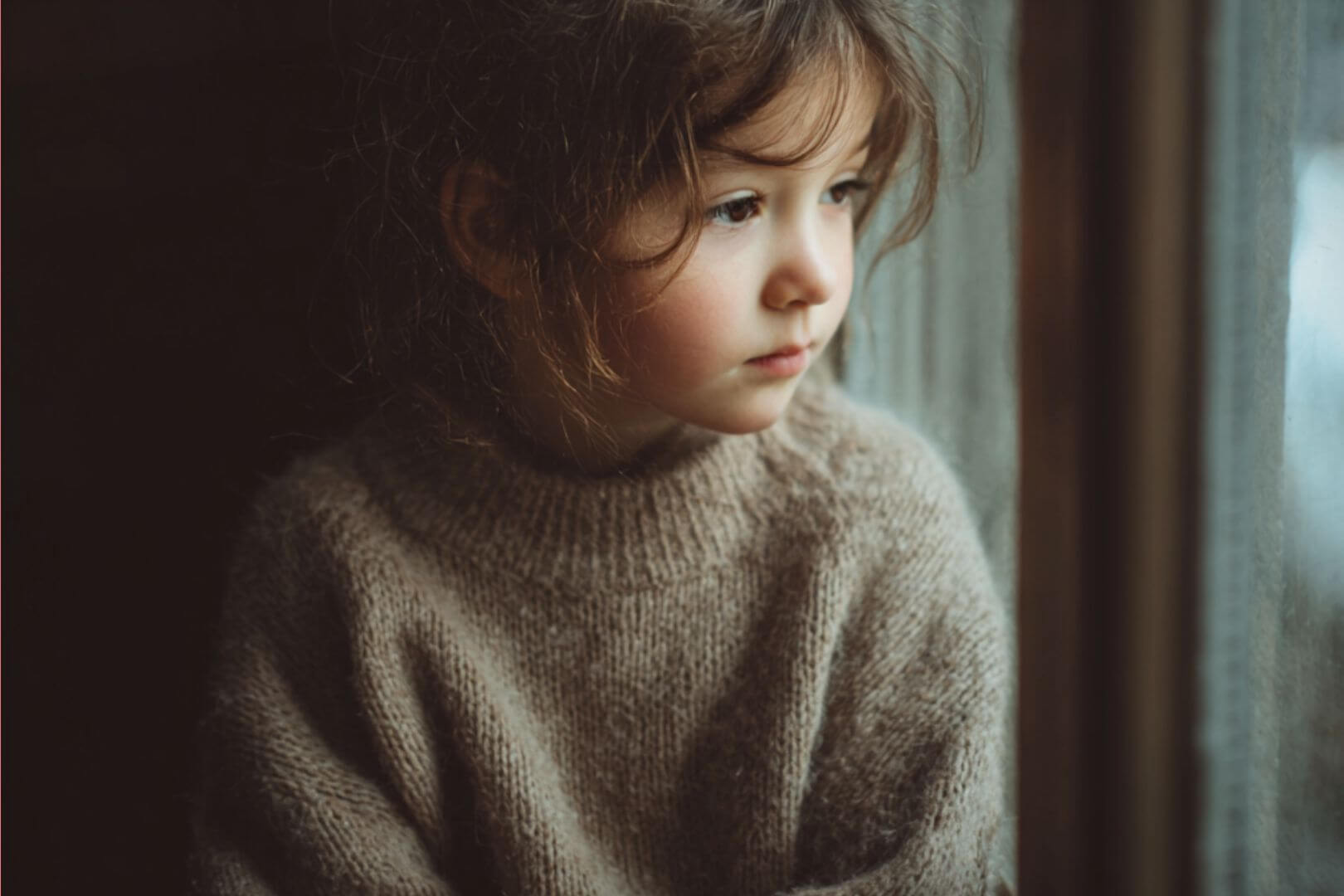 Niña pensativa junto a la ventana, transmitiendo calma y reflexión, símbolo de la importancia de cuidar la salud mental infantil.