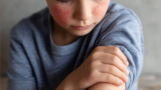 Niño con rojeces en la piel y rascándose el brazo debido al picor, posible reacción cutánea común en la infancia.