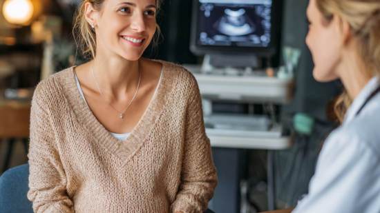 Mujer embarazada sonriente en consulta médica, con ecógrafo y pantalla mostrando imagen prenatal al fondo.