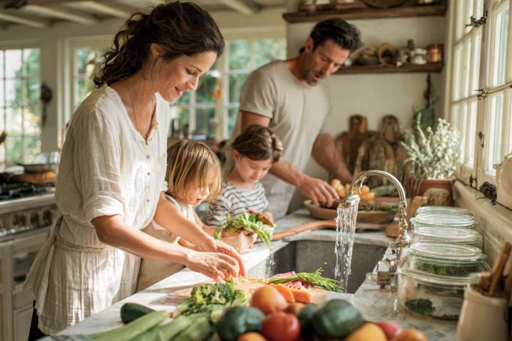 Padre, madre y dos niñas pequeñas cortando y preparando verduras frescas en una cocina familiar con productos de temporada.