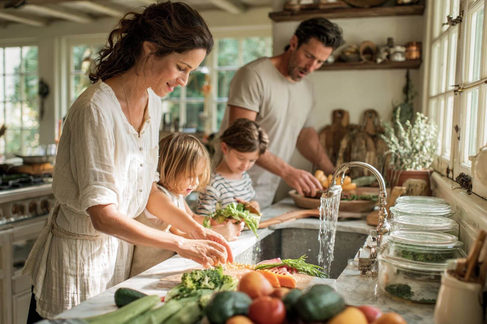 Familia con dos niños lavando vegetales frescos bajo el grifo en una cocina iluminada, practicando hábitos de higiene alimentaria.