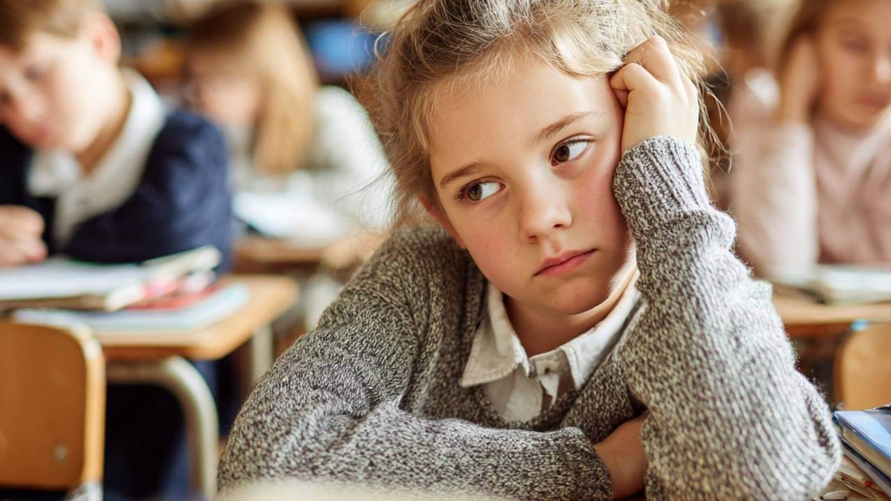 Niña en clase con gesto aburrido, apoyada sobre su mano, mostrando falta de interés durante la lección.