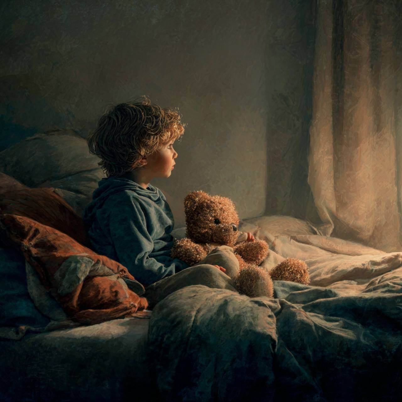 Niño sentado en la cama, abrazando un peluche y mirando hacia la ventana con luz suave, escena tranquila e íntima.