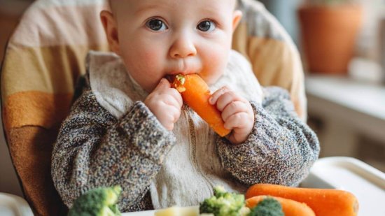 Bebé sentado en trona comiendo solo zanahoria, brócoli y patata durante la primera semana de alimentación complementaria.