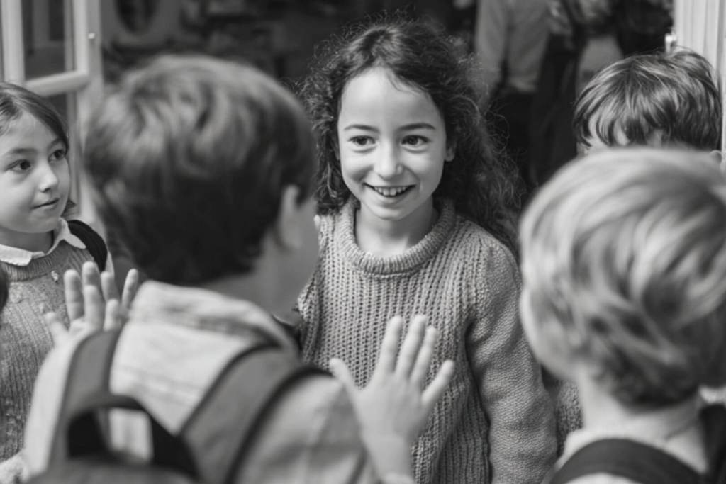 Niños saludándose y sonriendo en la entrada del colegio.