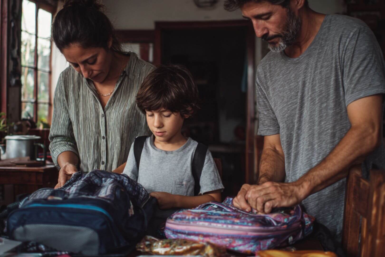 Familia preparando mochilas escolares antes del inicio del curso.