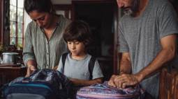 Familia preparando mochilas escolares antes del inicio del curso.