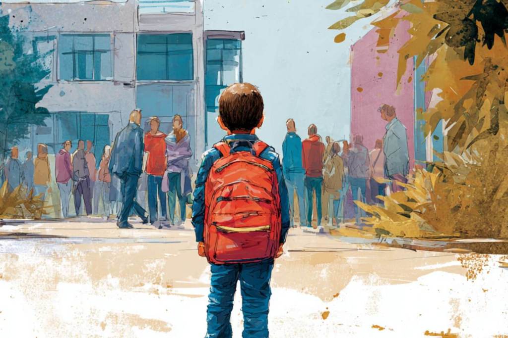 Ilustración de un niño con mochila frente a un colegio nuevo.