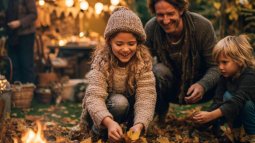 Familia con niños disfrutando de una fiesta de otoño en el jardín, con castañas asadas y luces decorativas.
