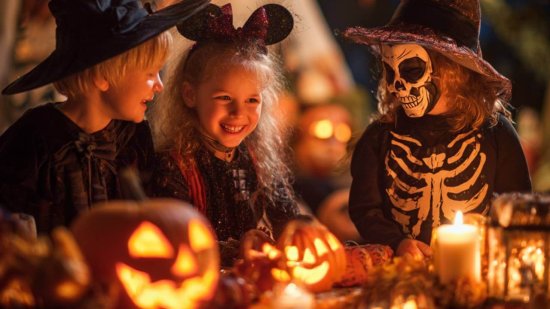 Niños disfrazados de bruja y esqueleto celebrando Halloween alrededor de calabazas talladas y velas encendidas.