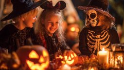 Niños disfrazados de bruja y esqueleto celebrando Halloween alrededor de calabazas talladas y velas encendidas.
