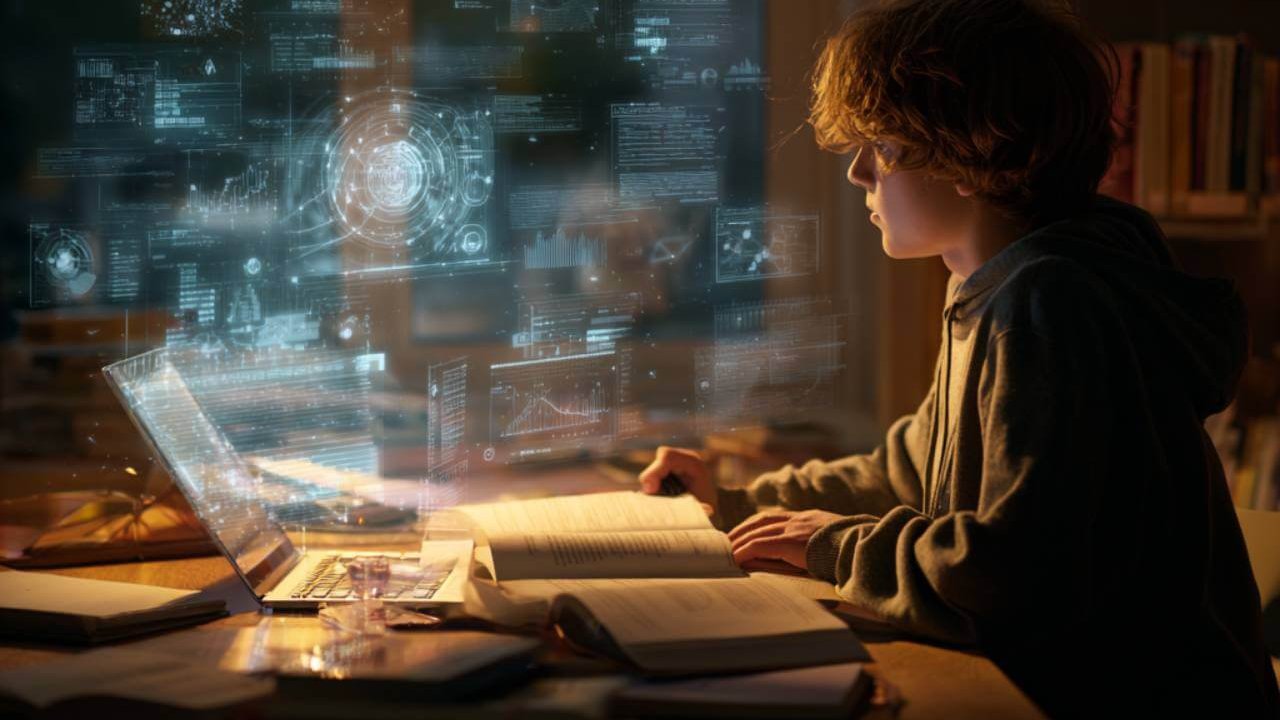 Joven concentrado frente a un portátil con gráficos digitales proyectados mientras repasa con libros.