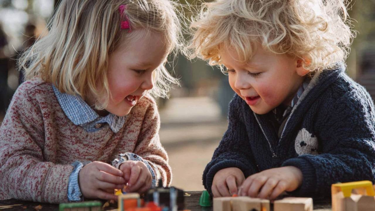 Niños pequeños jugando con bloques y trenes de madera en una mesa al aire libre, interactuando y compartiendo juguetes.