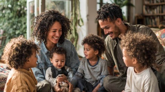 Padres e hijos de distintas edades sentados juntos en el salón, compartiendo juegos y risas en un ambiente familiar acogedor.