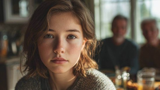 Retrato cercano de una adolescente en una mesa, con sus padres desenfocados al fondo, en un ambiente hogareño y luminoso.