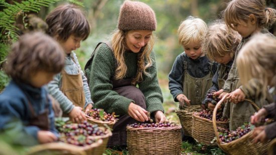 Grupo de niños en una escuela bosque recogiendo frutos en cestas, acompañados por su maestra en plena naturaleza.