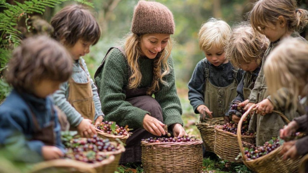 Grupo de niños en una escuela bosque recogiendo frutos en cestas, acompañados por su maestra en plena naturaleza.