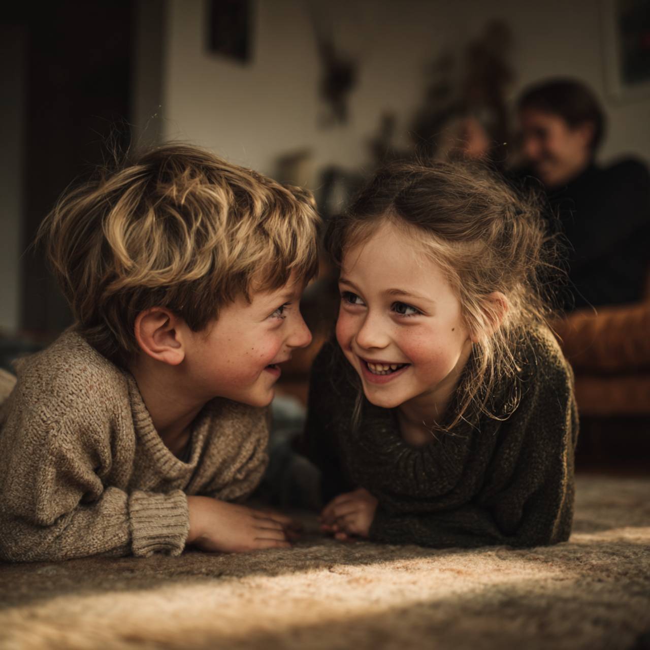 Niño y niña tumbados en el suelo de casa, mirándose con alegría y sonrisas, en un ambiente cálido y familiar.