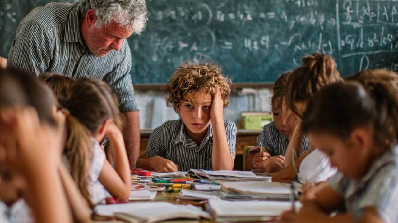 Niño de 9-10 años en clase de matemáticas con gesto de frustración, rodeado de compañeros y un profesor que intenta ayudarle frente a una pizarra llena de operaciones.