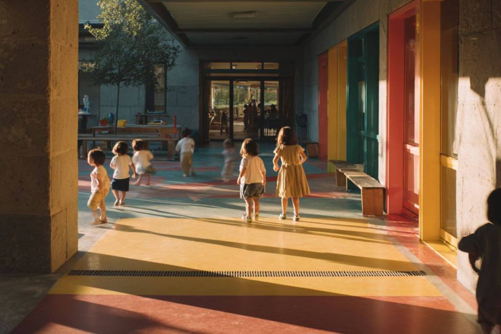 Patio cubierto de un colegio con varios niños pequeños jugando y caminando.