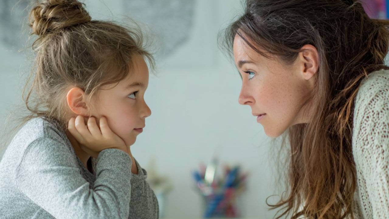 Madre hablando con su hija pequeña con calma, practicando disciplina positiva y comunicación respetuosa en casa.