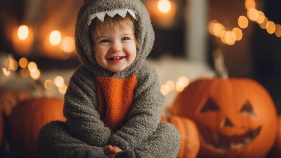Bebé sonriente con disfraz de monstruo gris y naranja, sentado junto a calabazas de Halloween iluminadas.