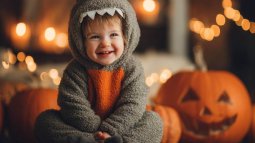 Bebé sonriente con disfraz de monstruo gris y naranja, sentado junto a calabazas de Halloween iluminadas.