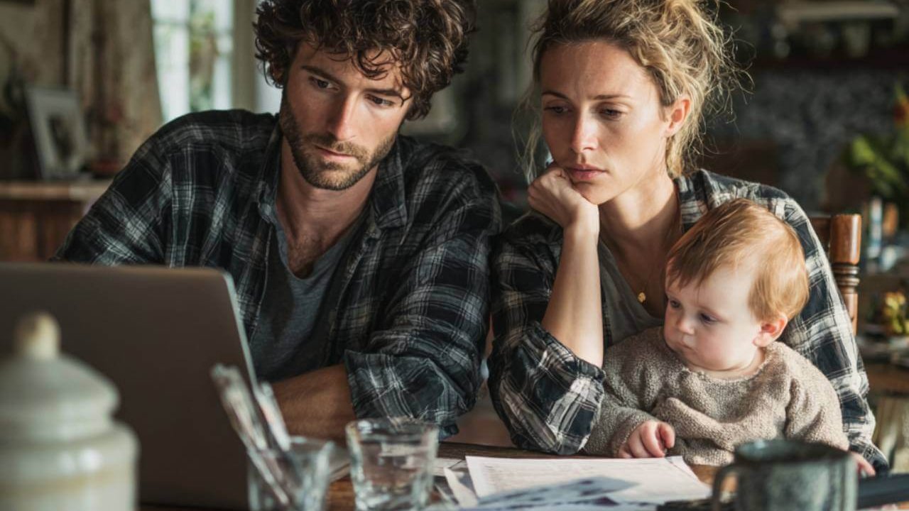 Padres con su bebé mirando el portátil y facturas sobre la mesa, escena realista de planificación de la economía familiar.