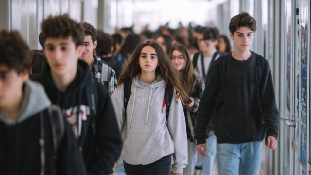 Grupo de adolescentes en un instituto español, caminando por el pasillo con mochilas.