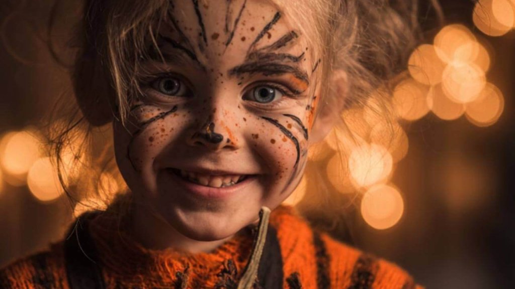 Una niña con disfraz y maquillaje de Halloween