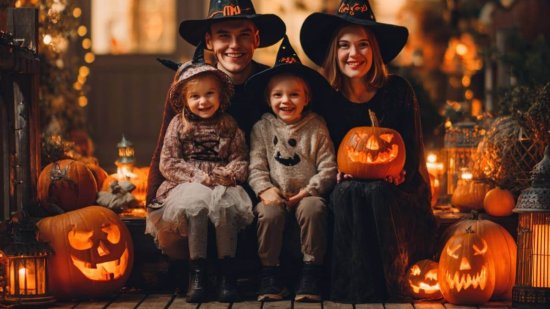 Familia con dos niños pequeños disfrazados de Halloween, sonrientes junto a calabazas iluminadas en una decoración otoñal.